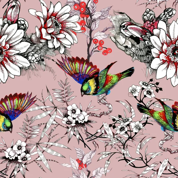 Akvarelu ruku tažené bezešvé vzor krásné květy a barevné ptáky na bílém pozadí. — Stock fotografie