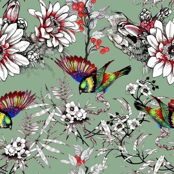 Suluboya el çekilmiş seamless modeli güzel çiçekler ve beyaz arka plan üzerinde renkli kuşlar.