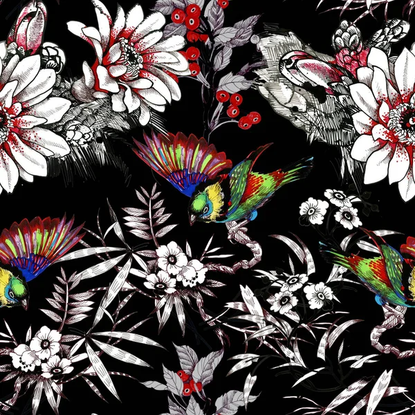 Aquarell handgezeichnet nahtloses Muster mit schönen Blumen und bunten Vögeln auf weißem Hintergrund. — Stockfoto