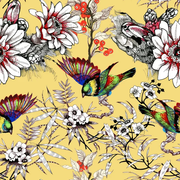 Aquarelle dessin à la main motif sans couture avec de belles fleurs et des oiseaux colorés sur fond blanc . — Photo