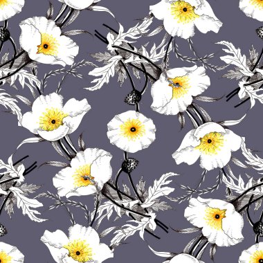 Suluboya el çekilmiş seamless modeli güzel çiçekler ve beyaz arka plan üzerinde renkli kuşlar.