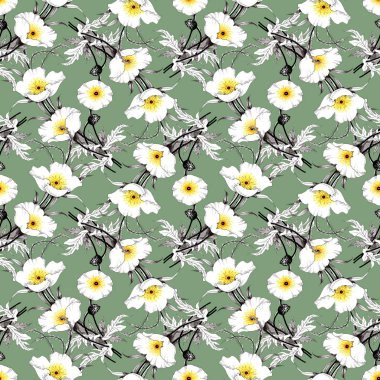 Suluboya el çekilmiş seamless modeli güzel çiçekler ve beyaz arka plan üzerinde renkli kuşlar.