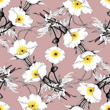 Suluboya el çekilmiş seamless modeli güzel çiçekler ve beyaz arka plan üzerinde renkli kuşlar.