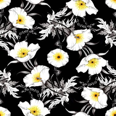 Suluboya el çekilmiş seamless modeli güzel çiçekler ve beyaz arka plan üzerinde renkli kuşlar.