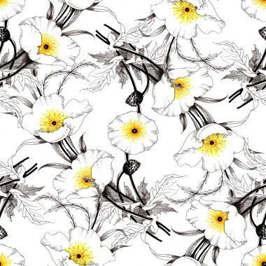 Suluboya el çekilmiş seamless modeli güzel çiçekler ve beyaz arka plan üzerinde renkli kuşlar.