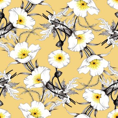 Suluboya el çekilmiş seamless modeli güzel çiçekler ve beyaz arka plan üzerinde renkli kuşlar.