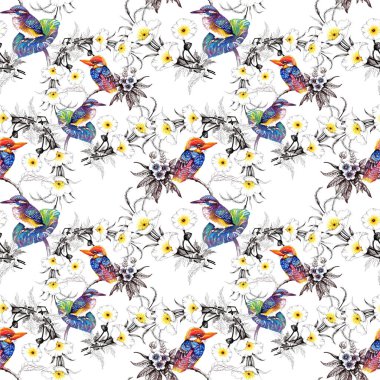 Suluboya el çekilmiş seamless modeli güzel çiçekler ve beyaz arka plan üzerinde renkli kuşlar.