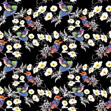 Suluboya el çekilmiş seamless modeli güzel çiçekler ve beyaz arka plan üzerinde renkli kuşlar.