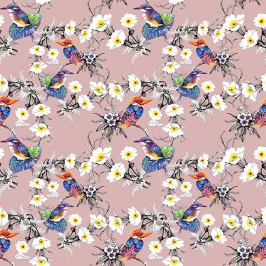 Suluboya el çekilmiş seamless modeli güzel çiçekler ve beyaz arka plan üzerinde renkli kuşlar.