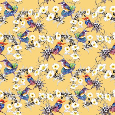 Suluboya el çekilmiş seamless modeli güzel çiçekler ve beyaz arka plan üzerinde renkli kuşlar.