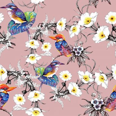 Suluboya el çekilmiş seamless modeli güzel çiçekler ve beyaz arka plan üzerinde renkli kuşlar.