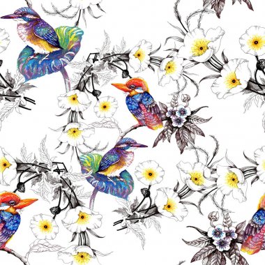Suluboya el çekilmiş seamless modeli güzel çiçekler ve beyaz arka plan üzerinde renkli kuşlar.