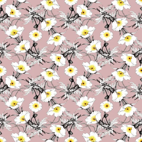 Watercolor hand drawn seamless pattern with beautiful flowers and colorful birds on white background.