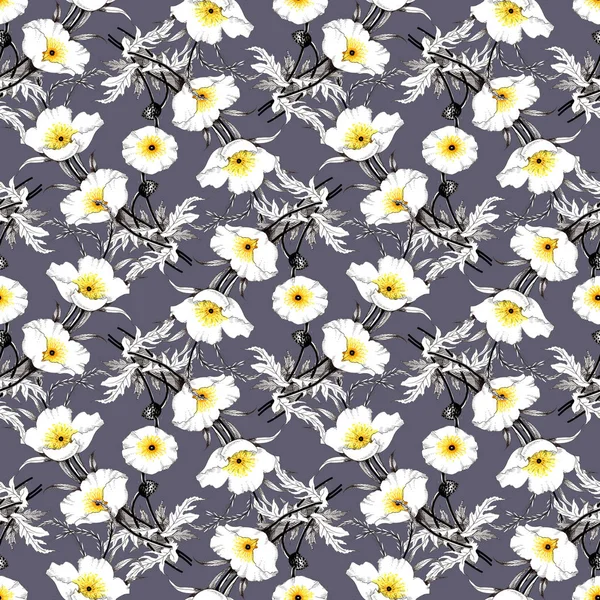 Watercolor hand drawn seamless pattern with beautiful flowers and colorful birds on white background.