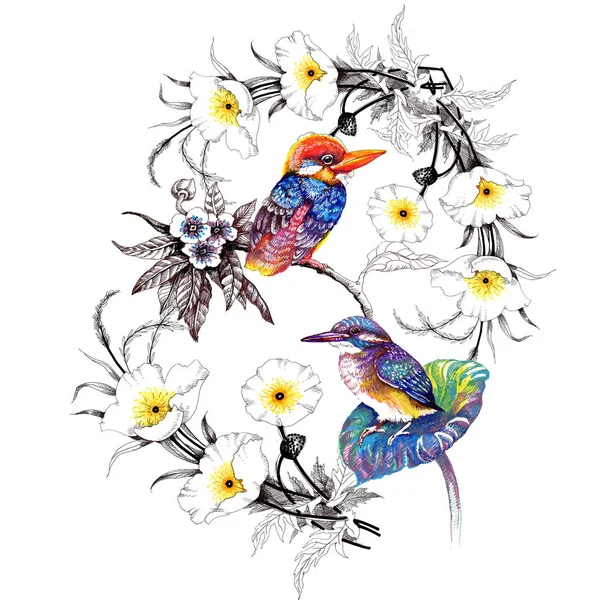 Aquarel hand getekende naadloze patroon met prachtige bloemen en kleurrijke vogels op witte achtergrond. — Stockfoto