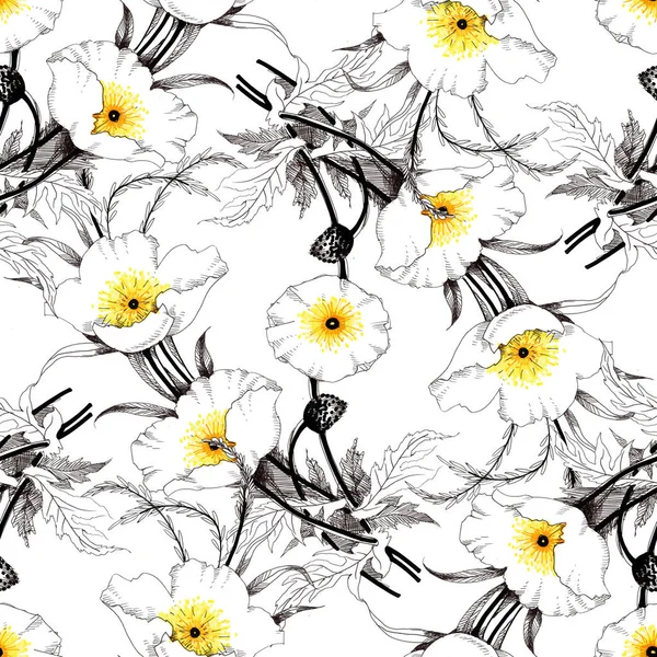Suluboya el çekilmiş seamless modeli güzel çiçekler ve beyaz arka plan üzerinde renkli kuşlar.