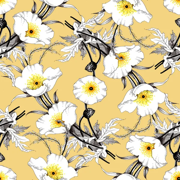 Watercolor hand drawn seamless pattern with beautiful flowers and colorful birds on white background.