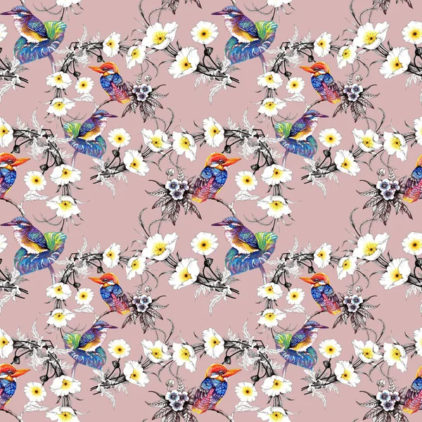 Suluboya el çekilmiş seamless modeli güzel çiçekler ve beyaz arka plan üzerinde renkli kuşlar.