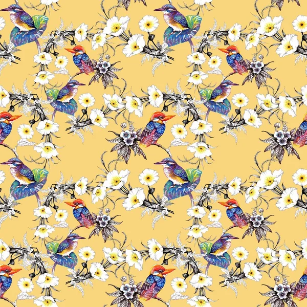 Suluboya el çekilmiş seamless modeli güzel çiçekler ve beyaz arka plan üzerinde renkli kuşlar.