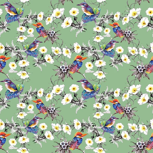 Suluboya el çekilmiş seamless modeli güzel çiçekler ve beyaz arka plan üzerinde renkli kuşlar.