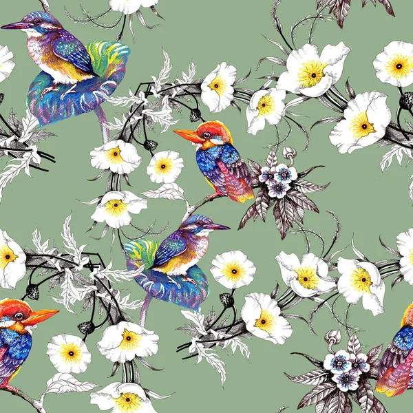 Akvarell kézzel rajzolt varrat nélküli mintát gyönyörű virágok és színes madarak a fehér háttér. — Stock Fotó