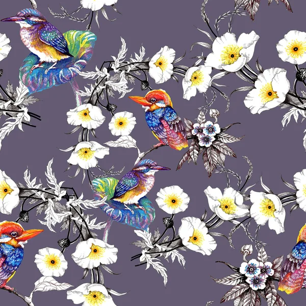 Watercolor hand drawn seamless pattern with beautiful flowers and colorful birds on white background. — Stock Photo, Image