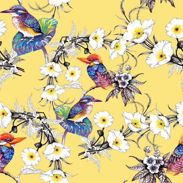 Watercolor hand drawn seamless pattern with beautiful flowers and colorful birds on white background. — Stock Photo, Image