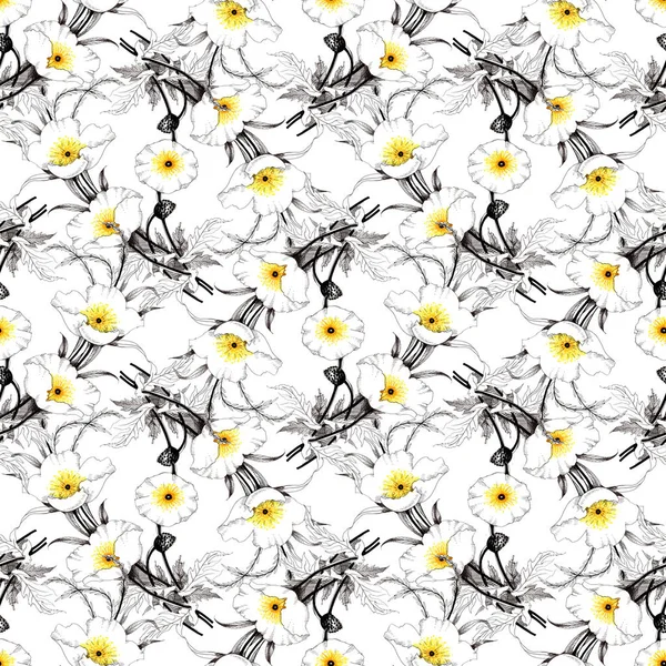 Watercolor hand drawn seamless pattern with beautiful flowers and colorful birds on white background. — Stock Photo, Image