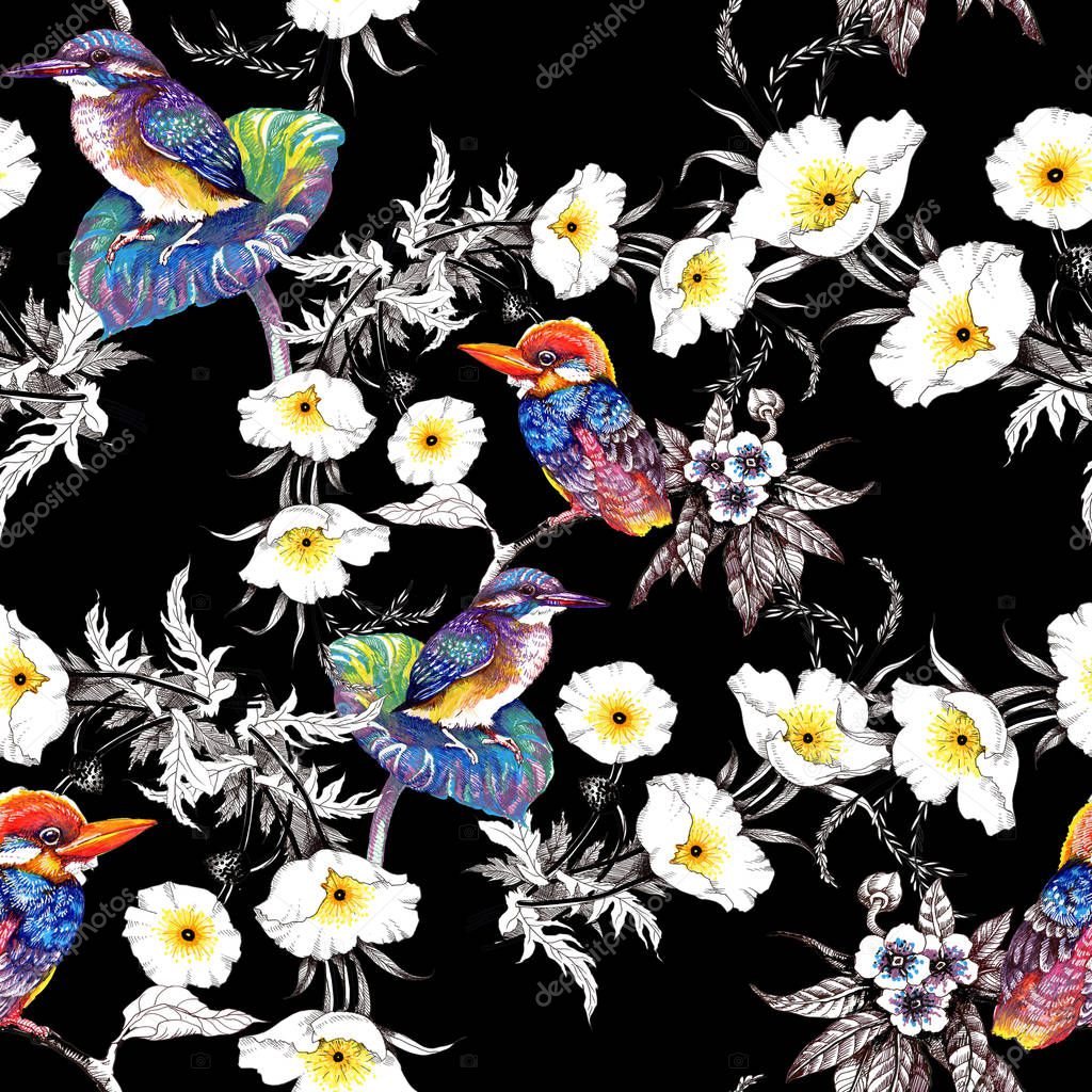 Watercolor hand drawn seamless pattern with beautiful flowers and colorful birds on white background.