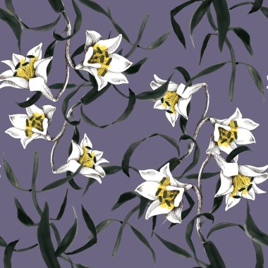 Suluboya el çekilmiş seamless modeli güzel çiçekler ve beyaz arka plan üzerinde renkli kuşlar.