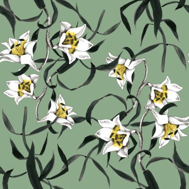 Suluboya el çekilmiş seamless modeli güzel çiçekler ve beyaz arka plan üzerinde renkli kuşlar.