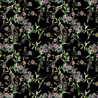 Suluboya el çekilmiş seamless modeli güzel çiçekler ve beyaz arka plan üzerinde renkli kuşlar.