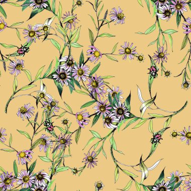 Suluboya el çekilmiş seamless modeli güzel çiçekler ve beyaz arka plan üzerinde renkli kuşlar.