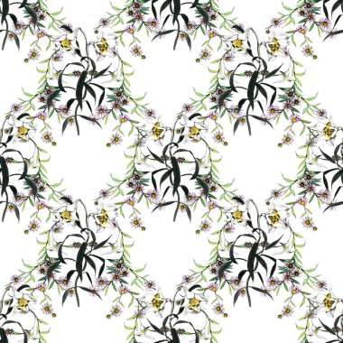 Suluboya el çekilmiş seamless modeli güzel çiçekler ve beyaz arka plan üzerinde renkli kuşlar.