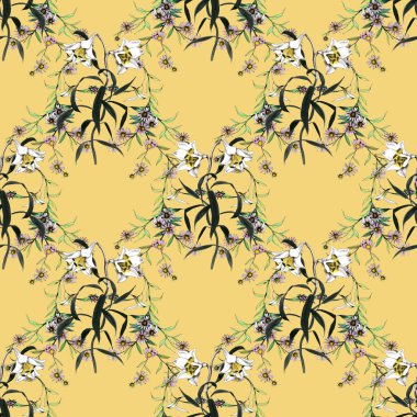 Suluboya el çekilmiş seamless modeli güzel çiçekler ve beyaz arka plan üzerinde renkli kuşlar.