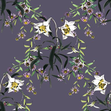 Suluboya el çekilmiş seamless modeli güzel çiçekler ve beyaz arka plan üzerinde renkli kuşlar.