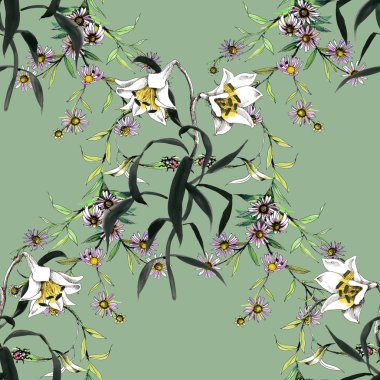 Suluboya el çekilmiş seamless modeli güzel çiçekler ve beyaz arka plan üzerinde renkli kuşlar.