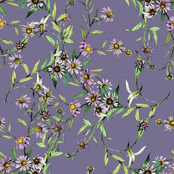 Watercolor hand drawn seamless pattern with beautiful flowers and colorful birds on white background. — Stock Photo, Image