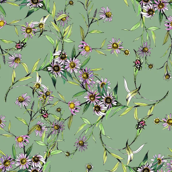 Watercolor hand drawn seamless pattern with beautiful flowers and colorful birds on white background. — Stock Photo, Image