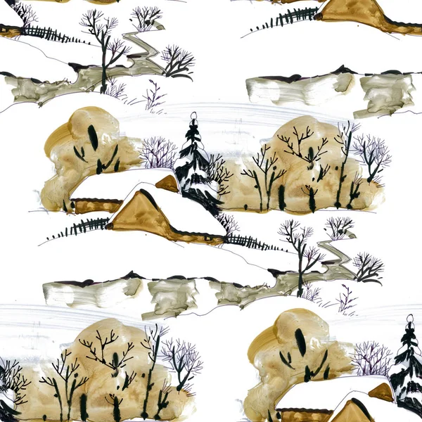 Акварельный Фон Зимнего Пейзажа Снежными Домами — стоковое фото