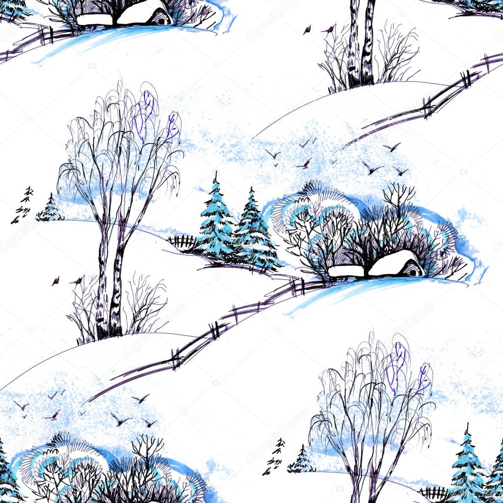 Watercolor background of  winter landscape with snowy houses