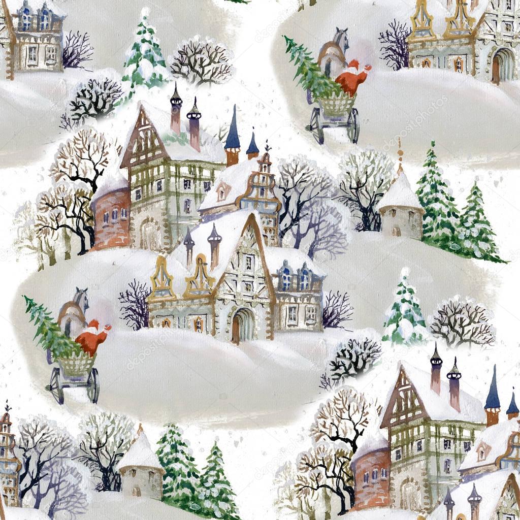 Watercolor   winter landscape in the village 