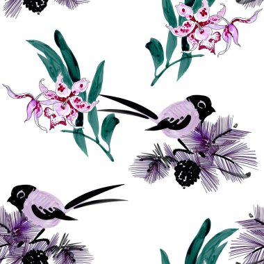 Suluboya el çekilmiş seamless modeli güzel çiçekler ve beyaz arka plan üzerinde renkli kuşlar.