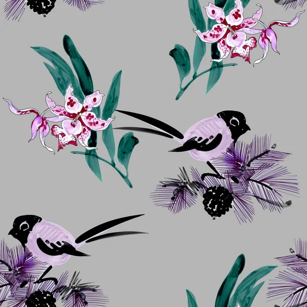 Aquarell handgezeichnet nahtloses Muster mit schönen Blumen und bunten Vögeln auf weißem Hintergrund. — Stockfoto