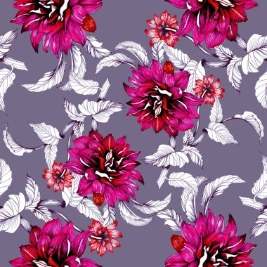 Güzel çiçekler ve yapraklar mor zemin üzerine suluboya el çekilmiş seamless modeli