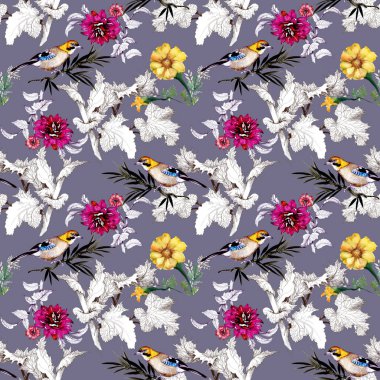 Suluboya el çekilmiş seamless modeli güzel çiçekler ve mor arka plan üzerinde renkli kuşlar.