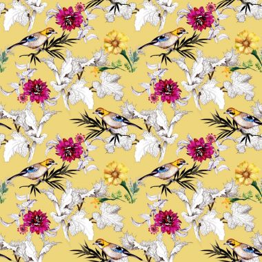 Suluboya el çekilmiş seamless modeli güzel çiçekler ve sarı arka plan üzerinde renkli kuşlar.