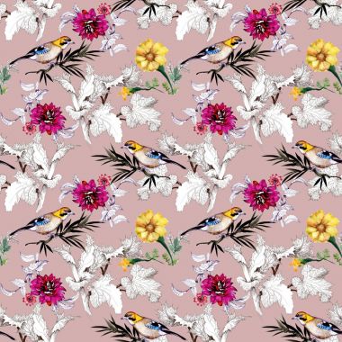 Suluboya el çekilmiş seamless modeli güzel çiçekler ve pembe bir arka plan üzerinde renkli kuşlar.