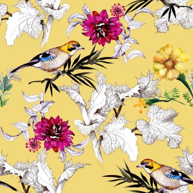 Suluboya el çekilmiş seamless modeli güzel çiçekler ve sarı arka plan üzerinde renkli kuşlar.