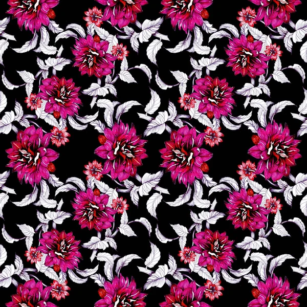 Watercolor hand drawn seamless pattern with beautiful flowers and leaves on black background